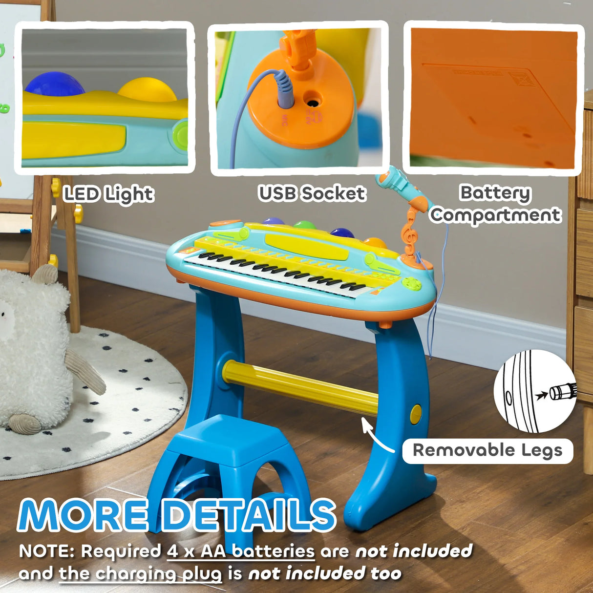 AIYAPLAY 37-Key Kids Piano w/ Microphone, Stool, LED Lights, Record & Replay, Function, Blue