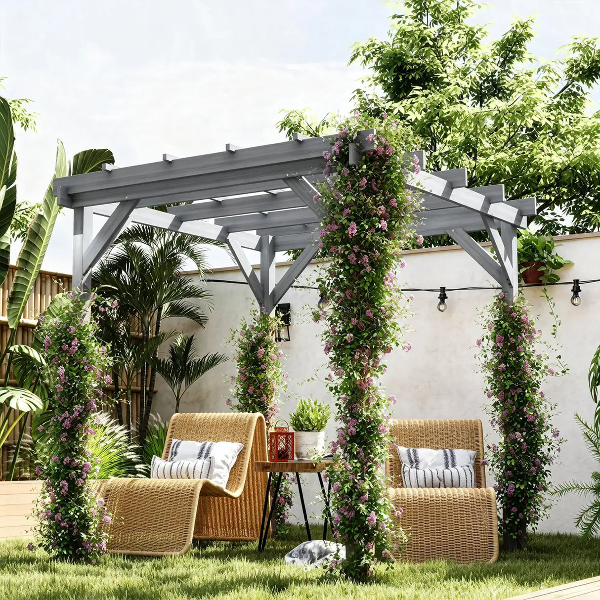Outsunny 2 x 2m Wooden Pergola Kit, Decorative Garden Gazebo Shelter with Stable Structure for Climbing Vines, Flowers, Grey