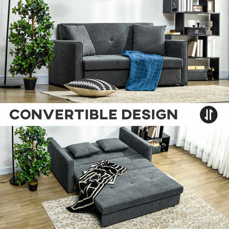 HOMCOM 2 Seater Sofa Bed, Convertible Bed Settee, Modern Fabric Loveseat Sofa Couch with 2 Cushions, Hidden Storage for Living Room, Guest Room, Dark Grey