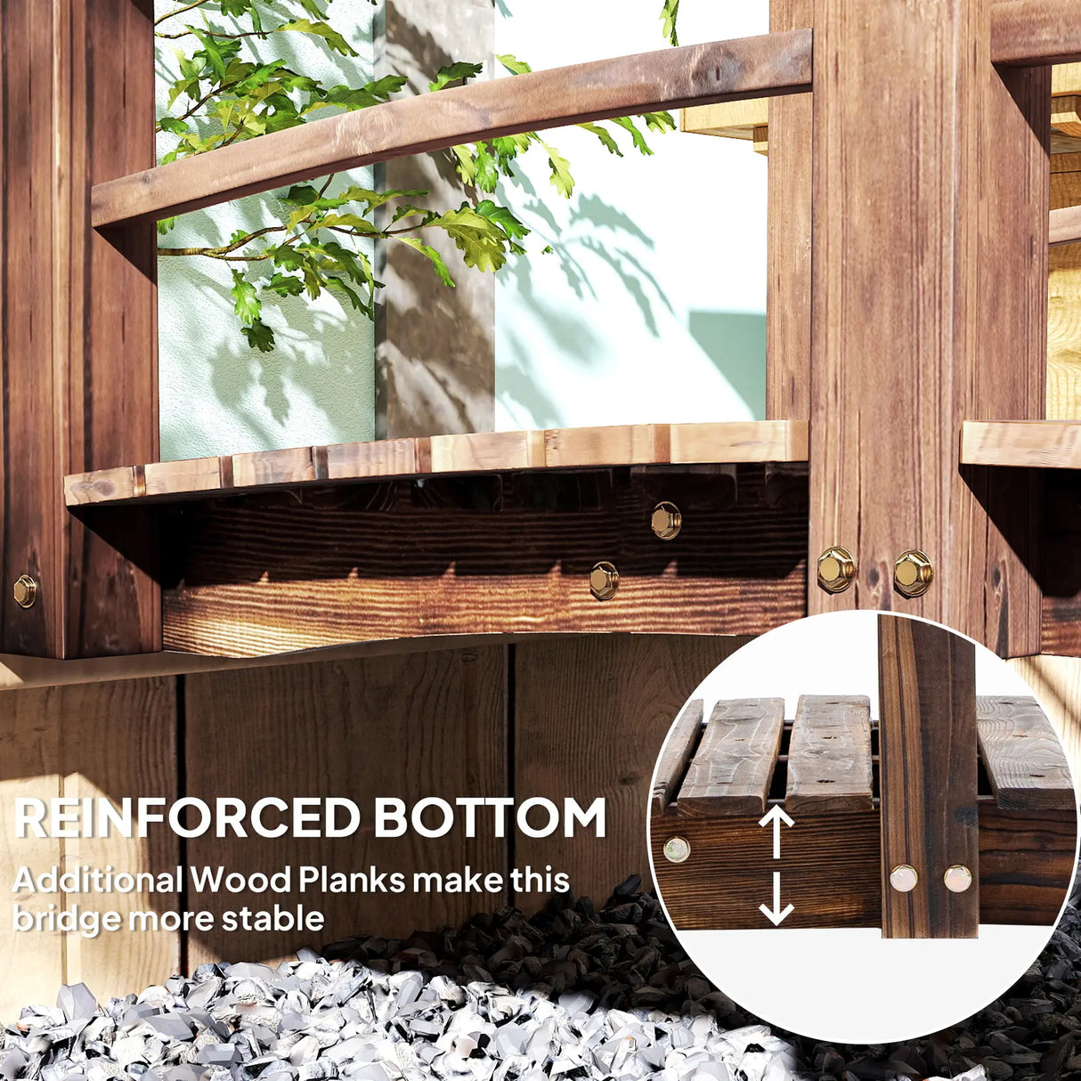 Outsunny 1.5M Wooden Garden Bridge Lawn Dcor Stained Finish Arc Outdoor Pond Walkway w/ Railings Water Yard Decoration