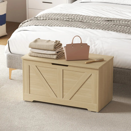 HOMCOM 100L Home Storage Box, with Safety Hinges - Natural Wood Finish