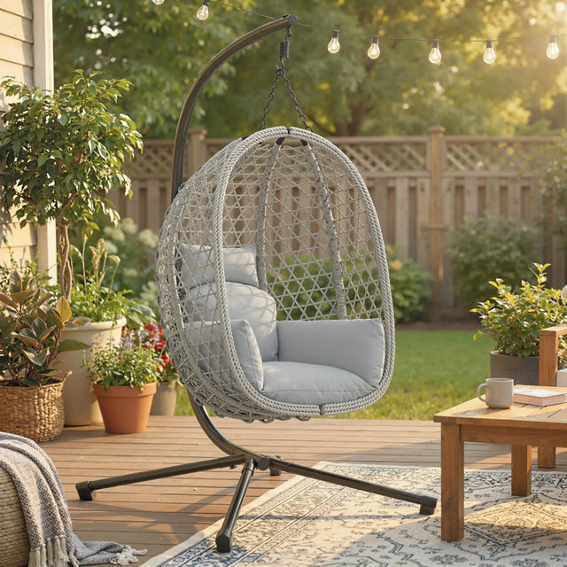 Outsunny Hanging Egg Chair, Indoor Outdoor Rattan Hammock Swing Chair with Stand, Safety Strap, Foldable Basket, Light Grey
