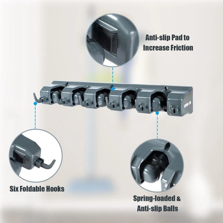 Wall-mounted Mop Holder Hanger with 5 Positions -Dark Gray