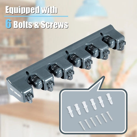 Wall-mounted Mop Holder Hanger with 5 Positions -Dark Gray