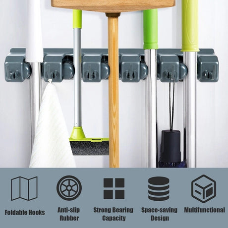 Wall-mounted Mop Holder Hanger with 5 Positions -Dark Gray
