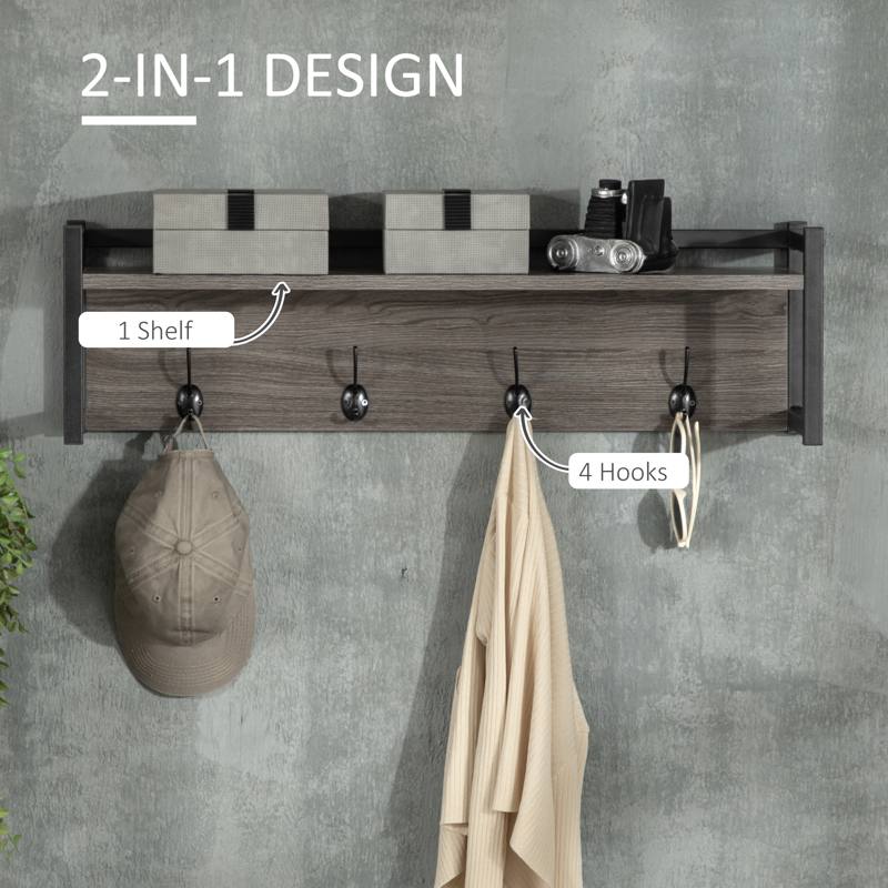 HOMCOM Wall Coat Rack with 4 Hooks Floating Shelf with Storage Rack for Keys, Clothes, Bags for Hallway, Entryway, 80 x 20 x 22.5 cm, Grey