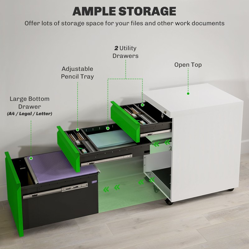 Vinsetto 3 Drawer Filling Cabinet, Mobile Metal File Cabinet with Anti-tilt Design for Letter, A4, Legal Size, Green