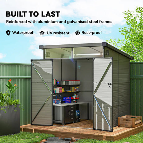 Outsunny 6 x 6ft Outdoor Storage Shed, Plastic Garden Shed with Windows and Air Vents, Outdoor Resin Tool Shed with Latch Doors for Garden, Deck, Light Grey