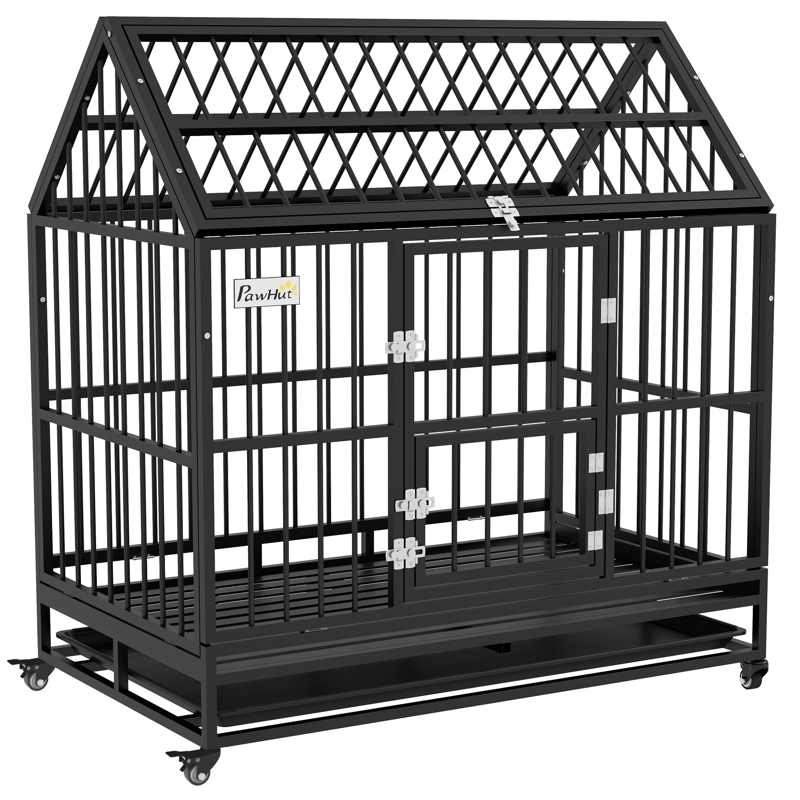 PawHut 48" Heavy Duty Dog Crate on Wheels, with Removable Tray, Openable Top, for L, XL Dogs - Black