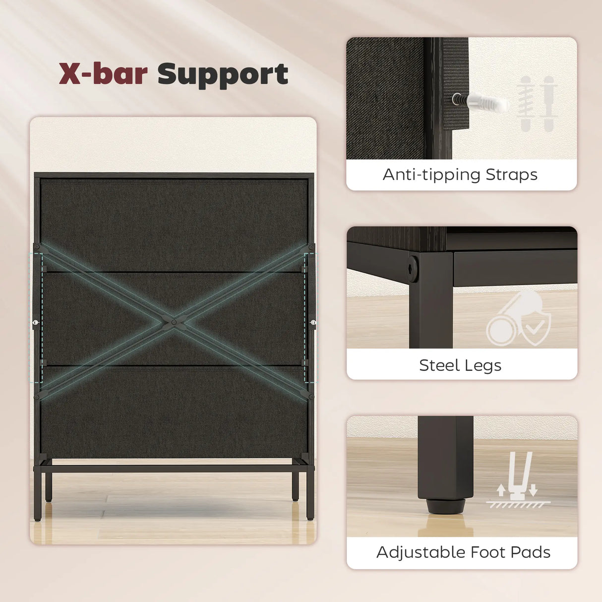 HOMCOM Chest of Drawers, Dresser with 3 Fabric Drawers and Aluminium Handles - Black