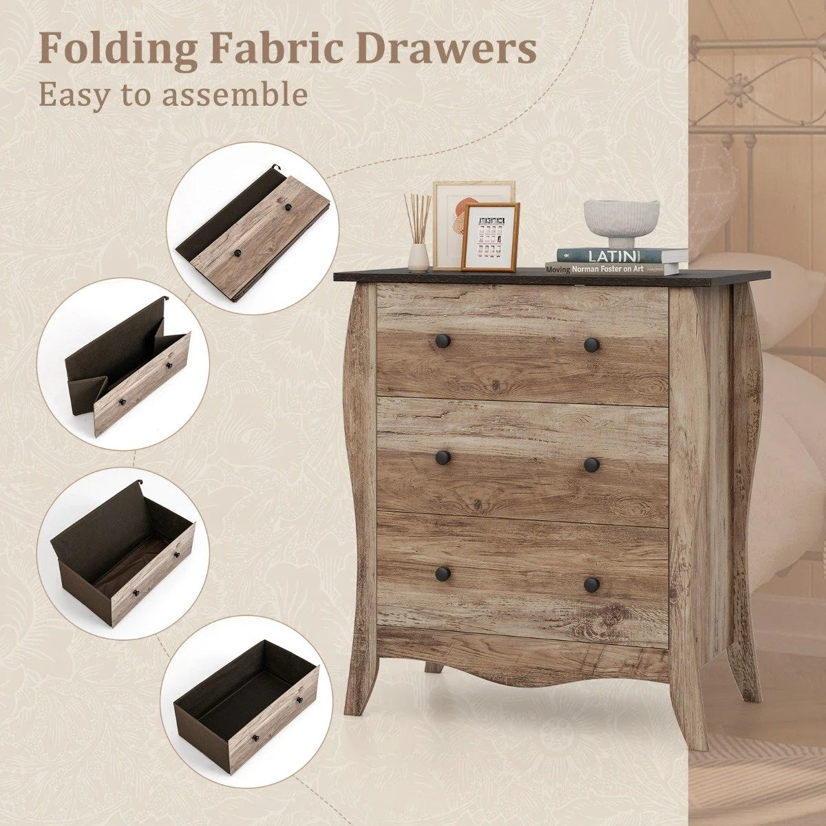 Closet Storage Organizer with 3 Folding Fabric Drawers and Anti-tipping Kit-Brown