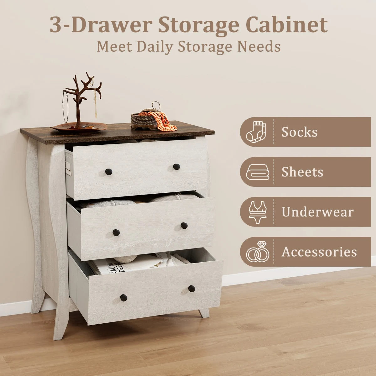 Closet Storage Organizer with 3 Folding Fabric Drawers and Anti-tipping Kit-Grey