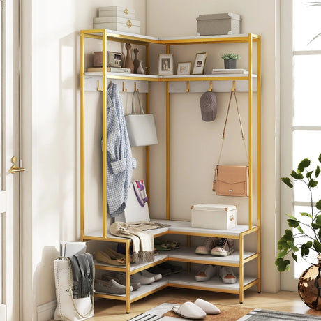 Corner Garment Rack with Open Shelves and 7 Hooks Shoe Bench-White