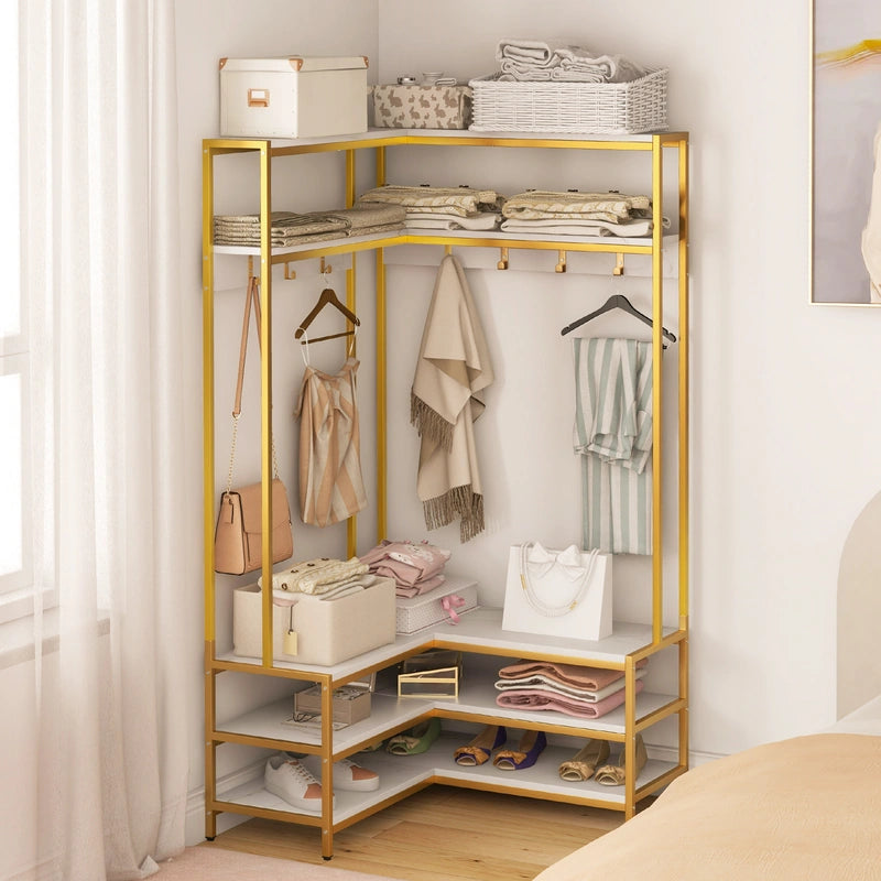 Corner Garment Rack with Open Shelves and 7 Hooks Shoe Bench-White