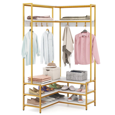 Corner Garment Rack with Open Shelves and 7 Hooks Shoe Bench-White