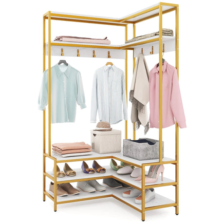 Corner Garment Rack with Open Shelves and 7 Hooks Shoe Bench-White
