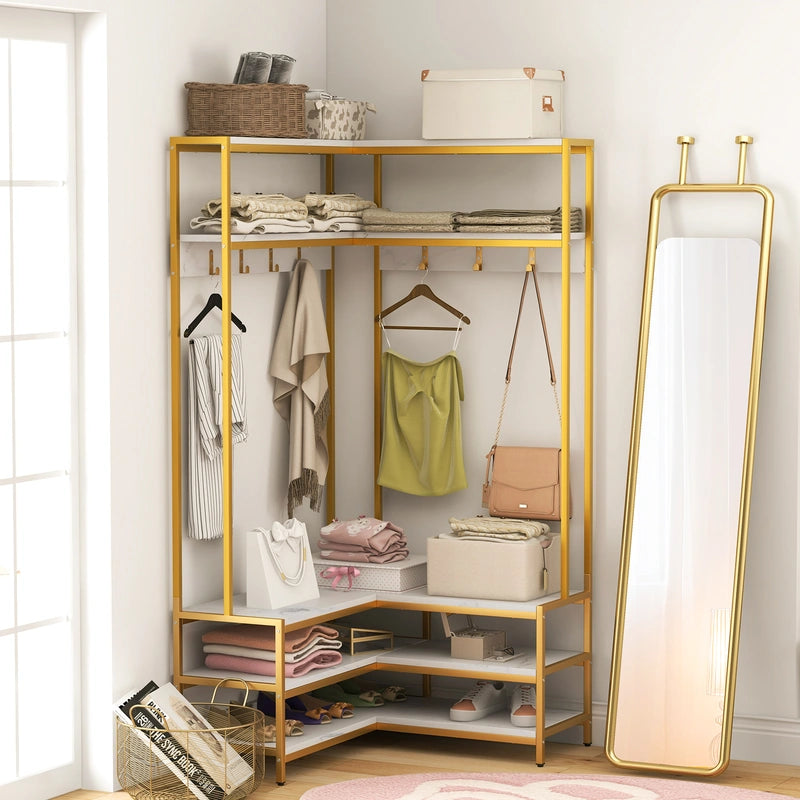 Corner Garment Rack with Open Shelves and 7 Hooks Shoe Bench-White