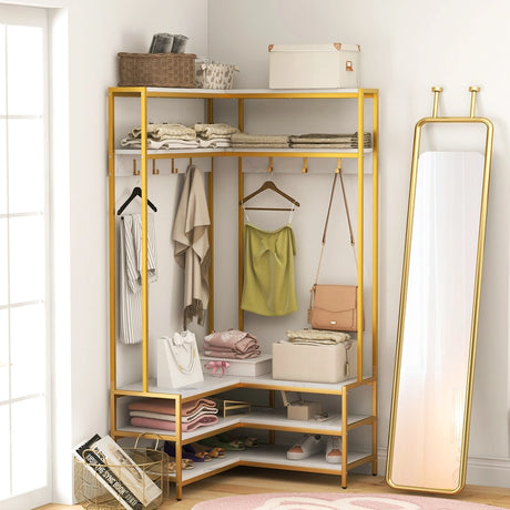 Corner Garment Rack with Open Shelves and 7 Hooks Shoe Bench-White