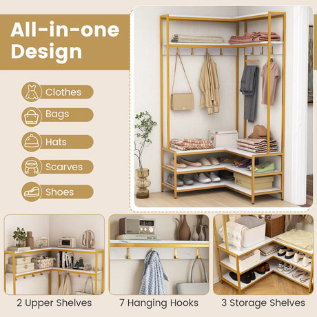 Corner Garment Rack with Open Shelves and 7 Hooks Shoe Bench-White