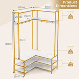Corner Garment Rack with Open Shelves and 7 Hooks Shoe Bench-White