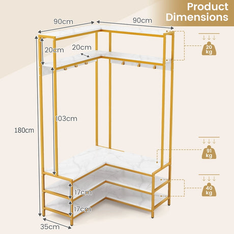 Corner Garment Rack with Open Shelves and 7 Hooks Shoe Bench-White