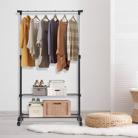 Rolling Clothes Hanger with Height Adjustable Shoe Rack