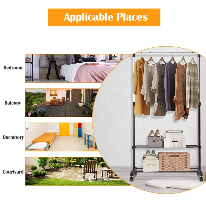 Rolling Clothes Hanger with Height Adjustable Shoe Rack