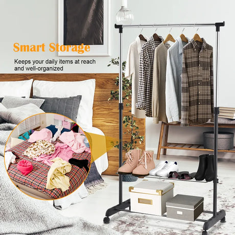 Rolling Clothes Hanger with Height Adjustable Shoe Rack
