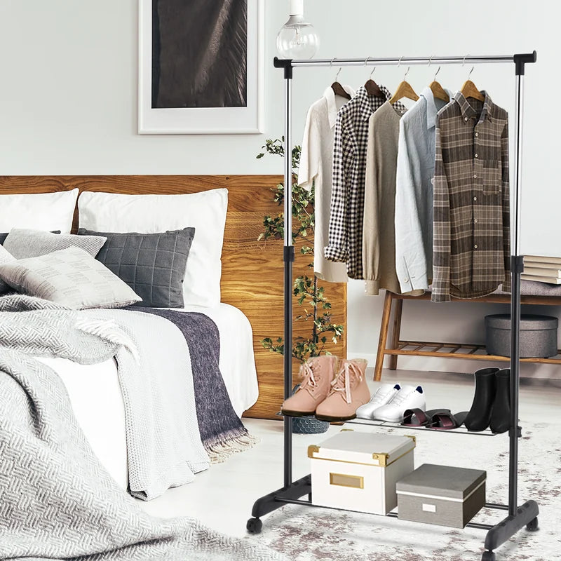 Rolling Clothes Hanger with Height Adjustable Shoe Rack