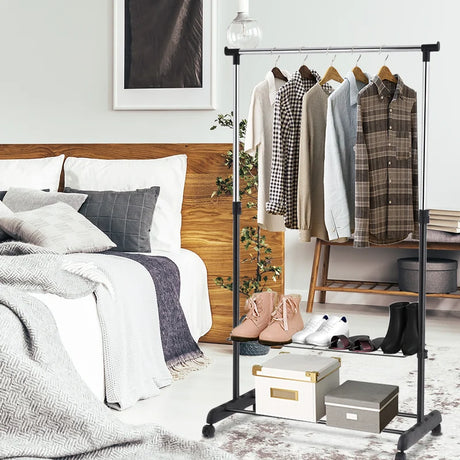 Rolling Clothes Hanger with Height Adjustable Shoe Rack