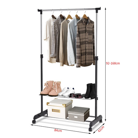 Rolling Clothes Hanger with Height Adjustable Shoe Rack