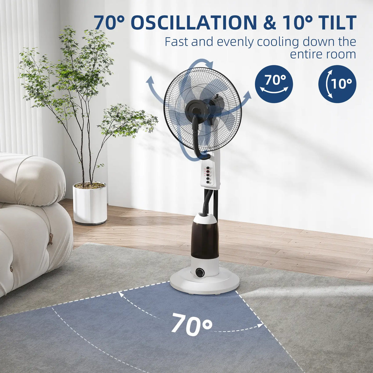 HOMCOM Spray Misting Fan, Floor Fan with Water Mist Spray, 70 Oscillation, Tilt Head, 3 Speeds, 2.8L Water Tank, White