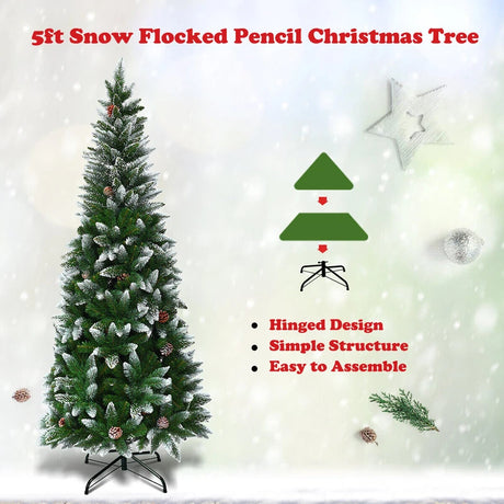 1.5 M Snow Flocked Pencil Christmas Tree with 421 PVC Tips for Christmas Decorations