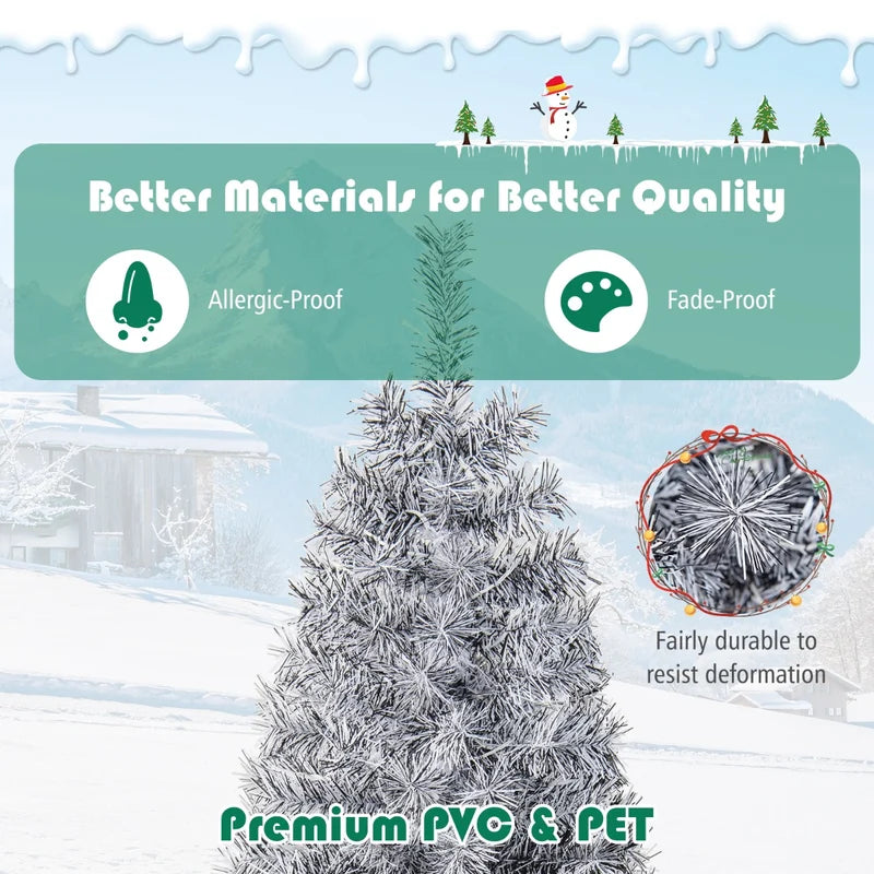 180 cm Slim Christmas Tree, Artificial Xmas Tree with 475 Branch Tips and 250 Cold White LED Lights