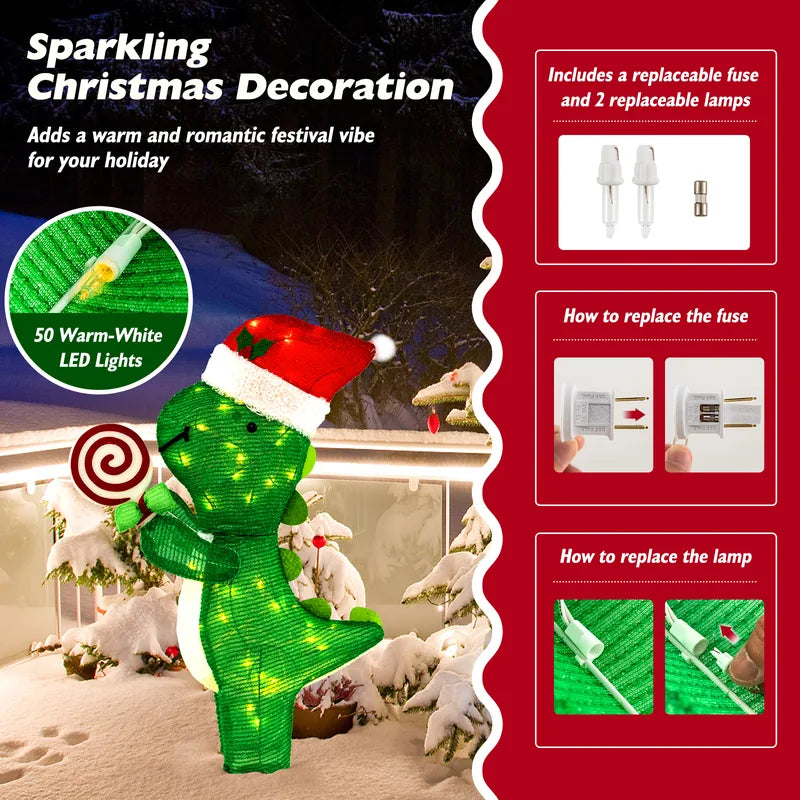 Lighted Dinosaur Christmas Decoration with Warm-White LED Lights