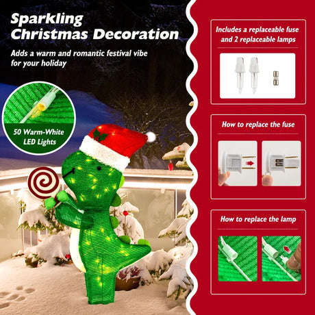 Lighted Dinosaur Christmas Decoration with Warm-White LED Lights