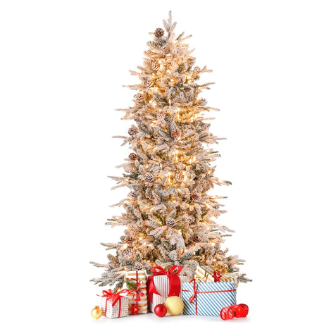 180 cm Artificial Xmas Tree with Flocked Branch Tips Natural Pine Cones Warm White Lights