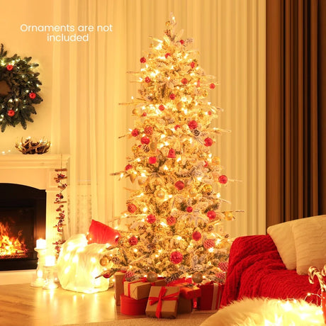 180 cm Artificial Xmas Tree with Flocked Branch Tips Natural Pine Cones Warm White Lights