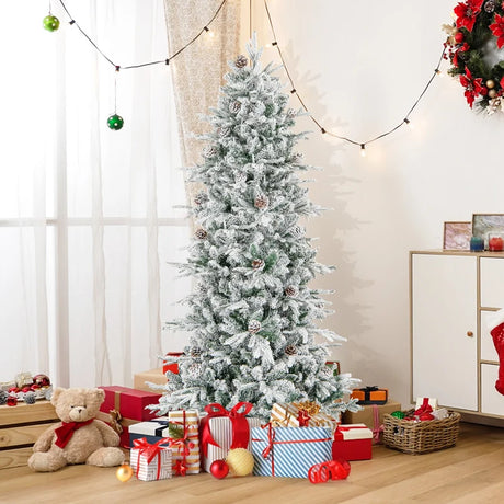 180 cm Artificial Xmas Tree with Flocked Branch Tips Natural Pine Cones Warm White Lights