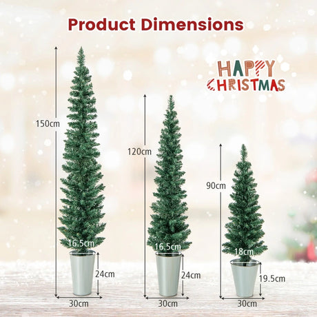 Set of 3 Potted Artificial Christmas Tree with Silver Metal Buckets