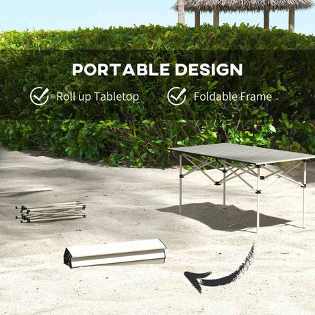 Outsunny Two-Seater Portable Aluminium Table, with Roll-Up Tabletop and Bag - Khaki