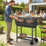 Outsunny Charcoal Barbecue Grill with 2 Cooking Areas, Portable BBQ Trolley with Wheels, Height Adjustable Grates, Bottom Shelf