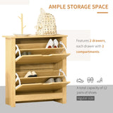 HOMCOM Narrow Shoe Cabinet, Space Saving Shoe Storage Cabinet with 2 Flip Drawers and Adjustable Shelves for 6-12 Pairs of Shoes for Hallways and Living Room, Natural Wood Finish
