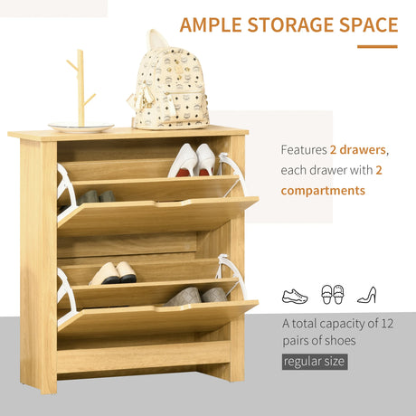HOMCOM Narrow Shoe Cabinet, Space Saving Shoe Storage Cabinet with 2 Flip Drawers and Adjustable Shelves for 6-12 Pairs of Shoes for Hallways and Living Room, Natural Wood Finish