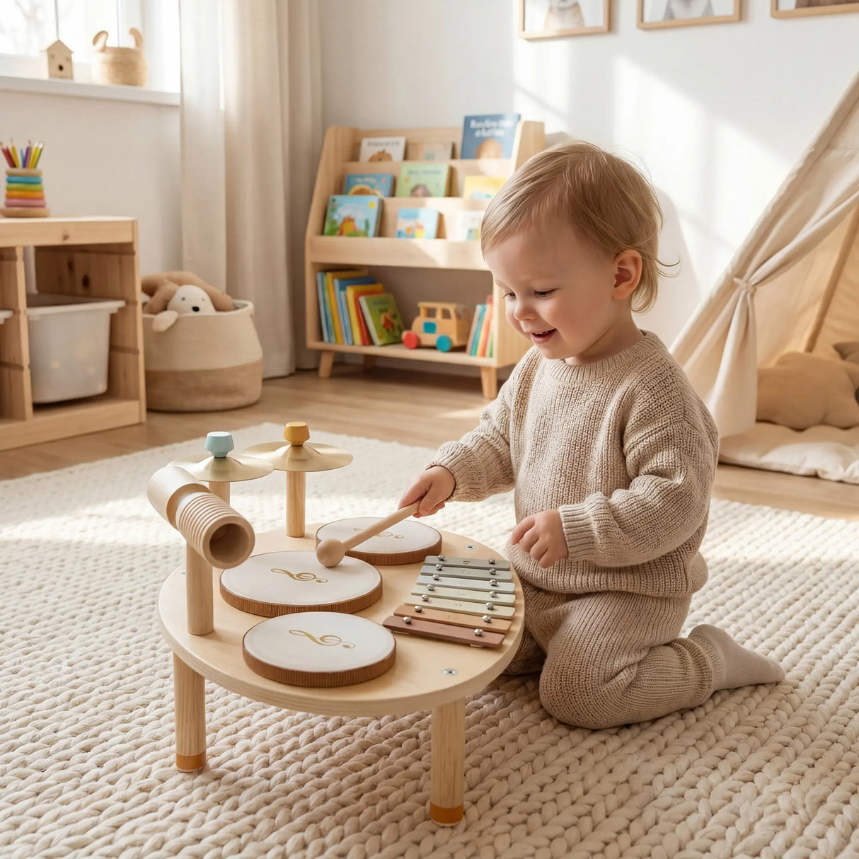 AIYAPLAY Baby Drum Kit, Wooden Kids Musical Instruments with Drums and Xylophone, Gifts for Girls Boys Birthday, Natural
