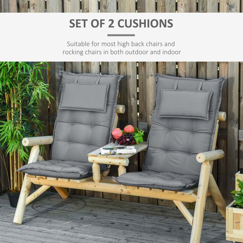 Outsunny Set of 2 Outdoor Chair Cushions, High Back Padded Patio Chair with Pillow for Indoor and Outdoor Use, Dark Grey