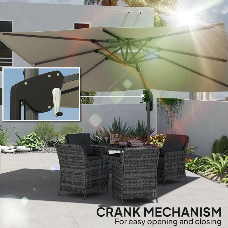 Outsunny 3.7 x 2.7 m Cantilever Parasol w/ 360 Rotation and Easy Tilt Adjustment, Aluminium Hanging Offset Outdoor Umbrella w/ Double Top and Cross Base, UPF50+ Hanging Sun Shade, Grey Wood Effect