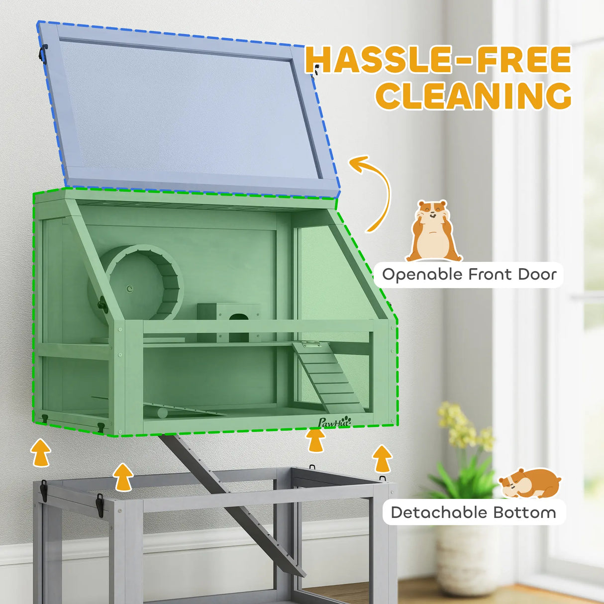 PawHut Wooden Hamster Cage with Detachable 32cm Deep Bottom, Hut, Seesaw, Exercise Wheel, Ramp, 60 x 40 x 75cm, Light Grey