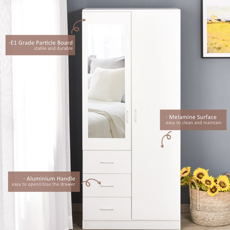 HOMCOM 2 Door 3 Drawer Mirrored Wardrobe with Hanging Rail, Modern Clothes Storage Cupboard with Mirror, Drawers and Adjustable Shelves for Bedroom, 80 x 50 x 180 cm, White