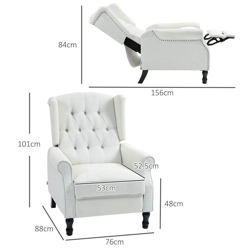 HOMCOM Recliner Armchair, Vintage Reclining Chair with Nail Head Trim, Wingback Chair with Button Tufted Back and Footrest, for Living Room, Cream White